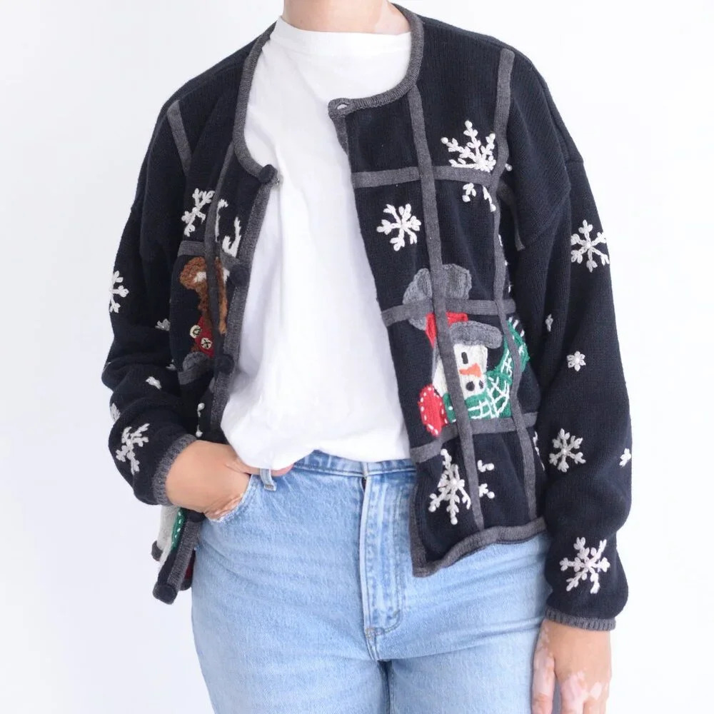Vintage PBJ Sport Black Embroidery Christmas Santa Snowman Button Cardigan L